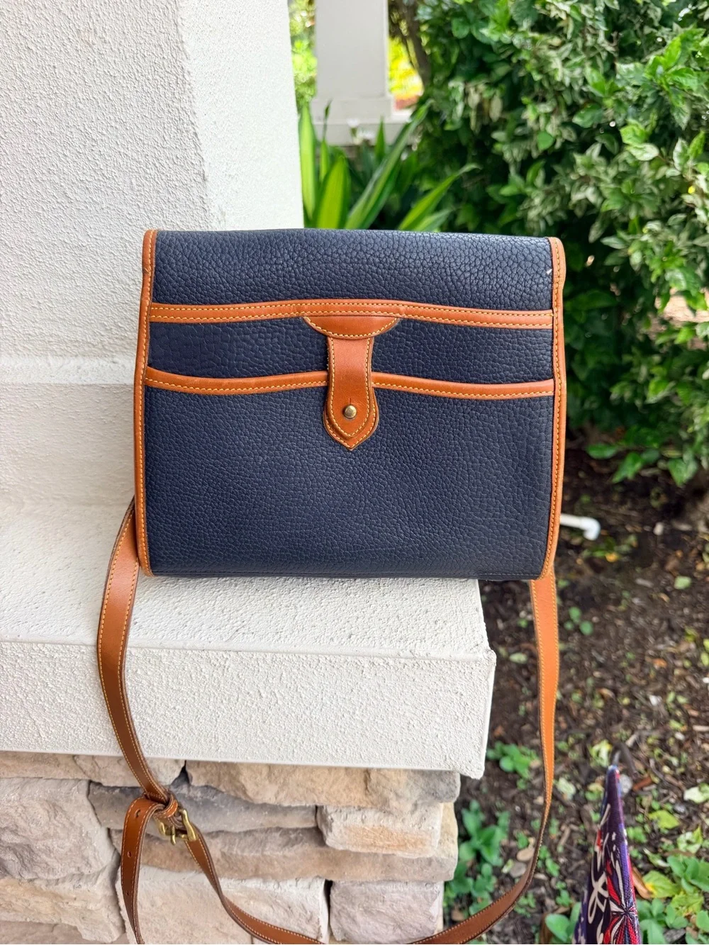 Vintage Dooney & Bourke All Weather Leather Navy British Tan Crossbody USA Made